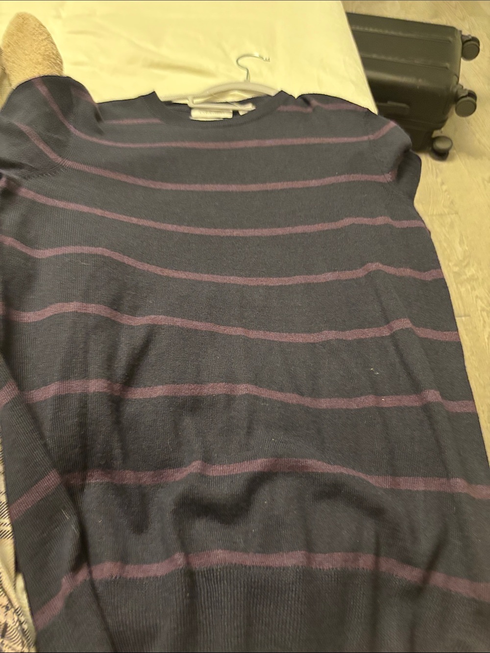 Calvin Klein Navy Crewneck Sweater with Purple Stripes